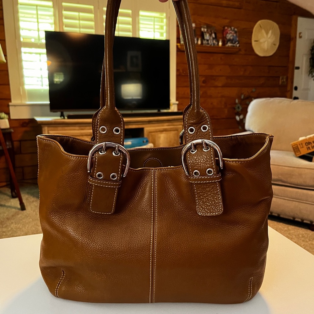 Tignanello Brown Pebbled Leather Satchel with Buckle Straps 13” x 12” x 8”.